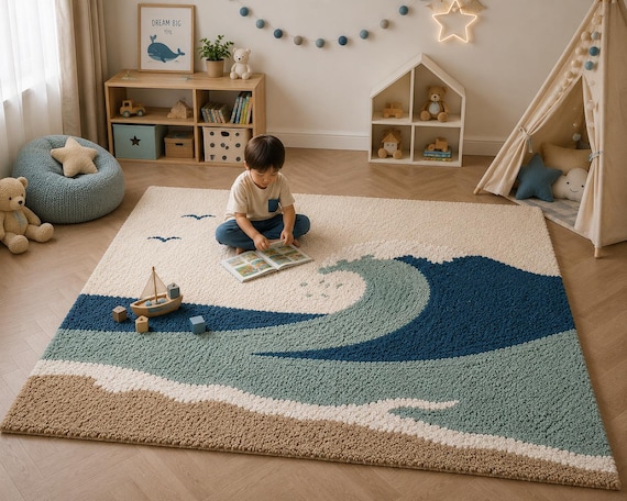 Hand Tufted Wool Ocean Wave Rug | Coastal Kids Nursery Carpet