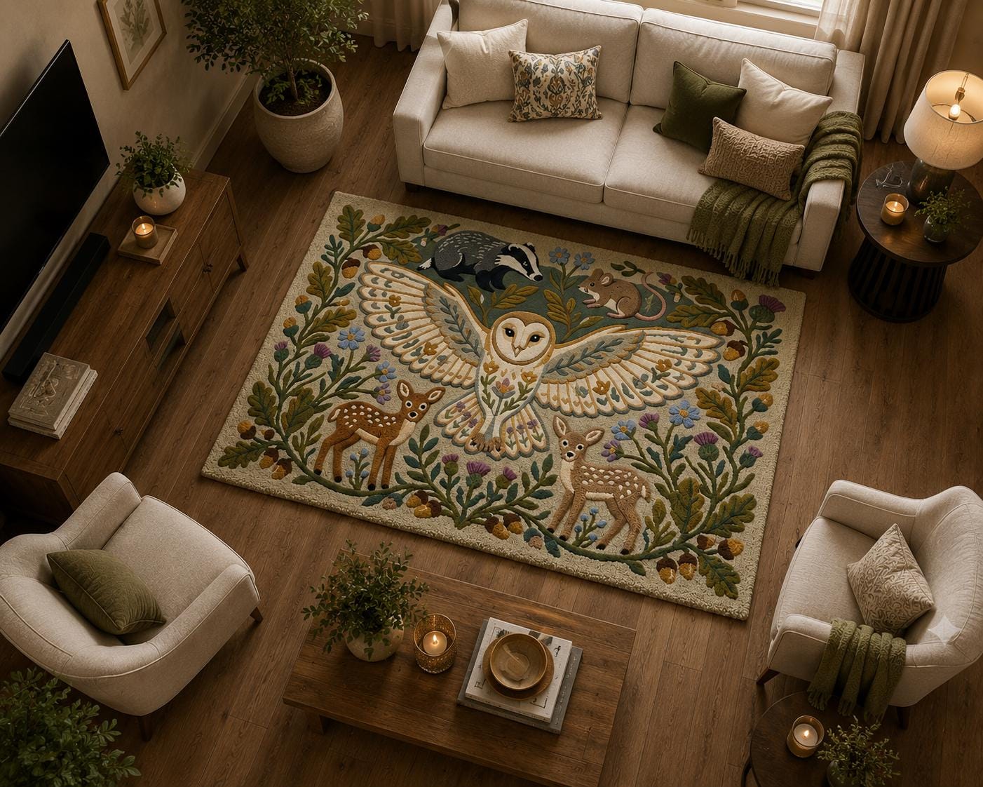 Hand Tufted Woodland Animal Rug, Owl Deer Forest Carpet, Cottagecore Nursery Decor