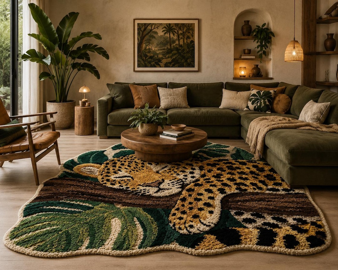 Hand Tufted Leopard Monstera Leaf Rug, Botanical Jungle Boho Home Decor ...