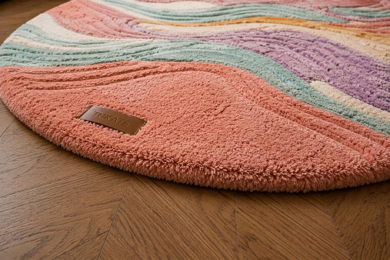 Handmade Pastel Wool Round Carpet, Abstract Wave Design, Boho ...