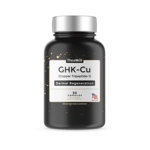 May include: A black bottle of TheaWell GHK-Cu dietary supplement capsules. The label includes the text "(Copper Tripeptide-1)" and "Dermal Regeneration". The bottle has a silver cap and contains 30 capsules. Made in the USA.