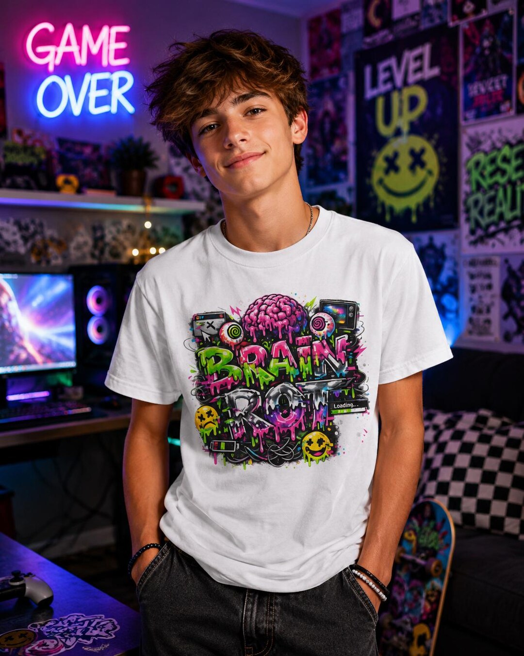 Brain Rot. Graffiti Tee | Neon Brain Street Art, Smiley Faces, Drip ...