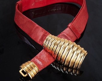 1980s JUDITH LEIBER Gold Red Karung Belt One Size Adjustable