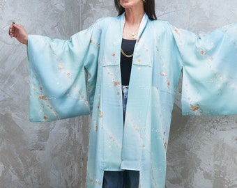 Vintage Silk Long Kimono Sky floral Sky Blue Beautiful Handmade in Japan 1980s