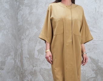 KARL LAGERFELD Runway Collection 1990s Chic Silk Tunic Khaki Tan Dress Made in France S M