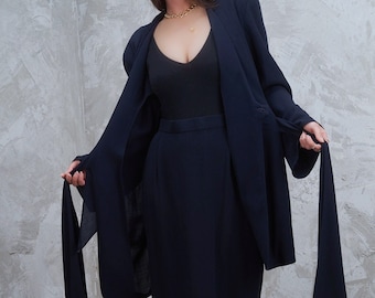 DONNA KARAN 1990s Navy Blue Wrap Jacket and Skirt Set M Made in USA