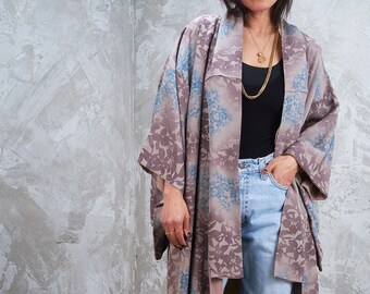 Vintage 1980s Silk Long Kimono Lavender Moods Beautiful Handmade in Japan