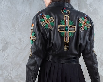 Vintage GIANNI VERSACE Runway Leather Jacket, Byzantine Beaded