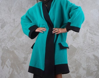 GIANNI VERSACE COUTURE Fall 1991 Runway Aqua Blue Black Trim Wrap Coat