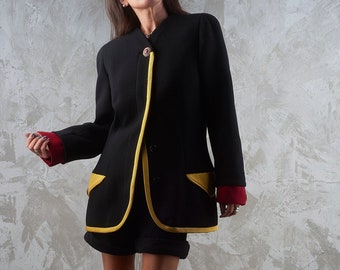 GIANNI VERSACE Couture 1991 Runway Black Yellow Red Wool Trimmed Blazer M