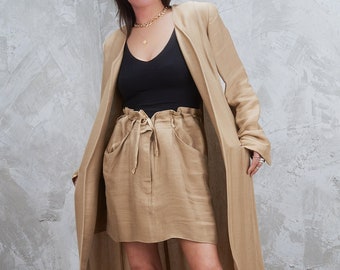 DONNA KARAN 1994 Khaki Linen Skirt and Duster Jacket Original Showroom Sample 90s S M