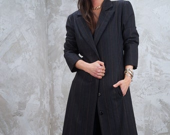 RICHARD TYLER 2000s Pinstripe Minimalist Charcoal Mid Length Suit Jacket S