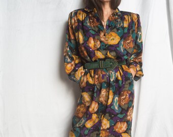 1980s// EMANUEL UNGARO// Wool and Lurex Dot Floral Dress// S