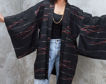 Vintage 1970s Silk Short Kimono Black Silk Abstract Beautiful Hand Made in Japan