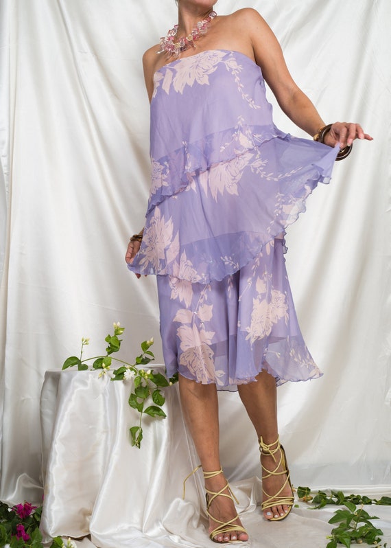 1990s// REWORKED Silk Lavender Chiffon Tiered Stra