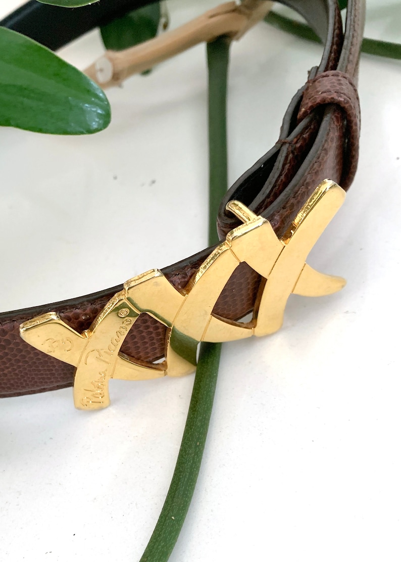 1980s PALOMA PICASSO Gold Tone Signature Brown Lizard Skin Belt