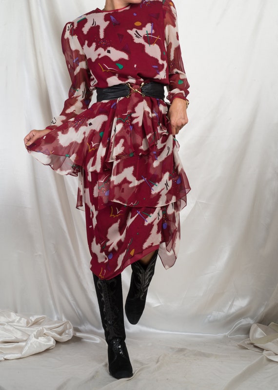 1980s// HANAE MORI// Burgundy Abstract Print Silk