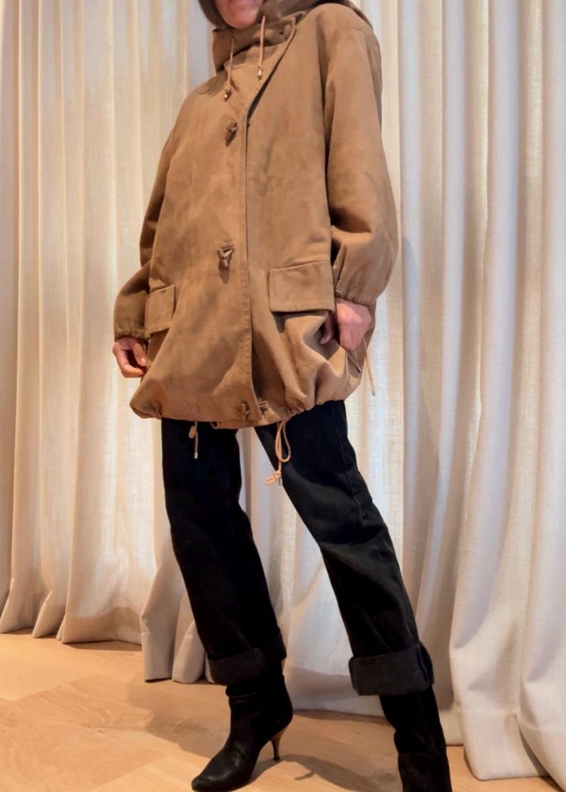 COURRREGES 1980s Rustic Suede Hooded Duffel Coat M image 1