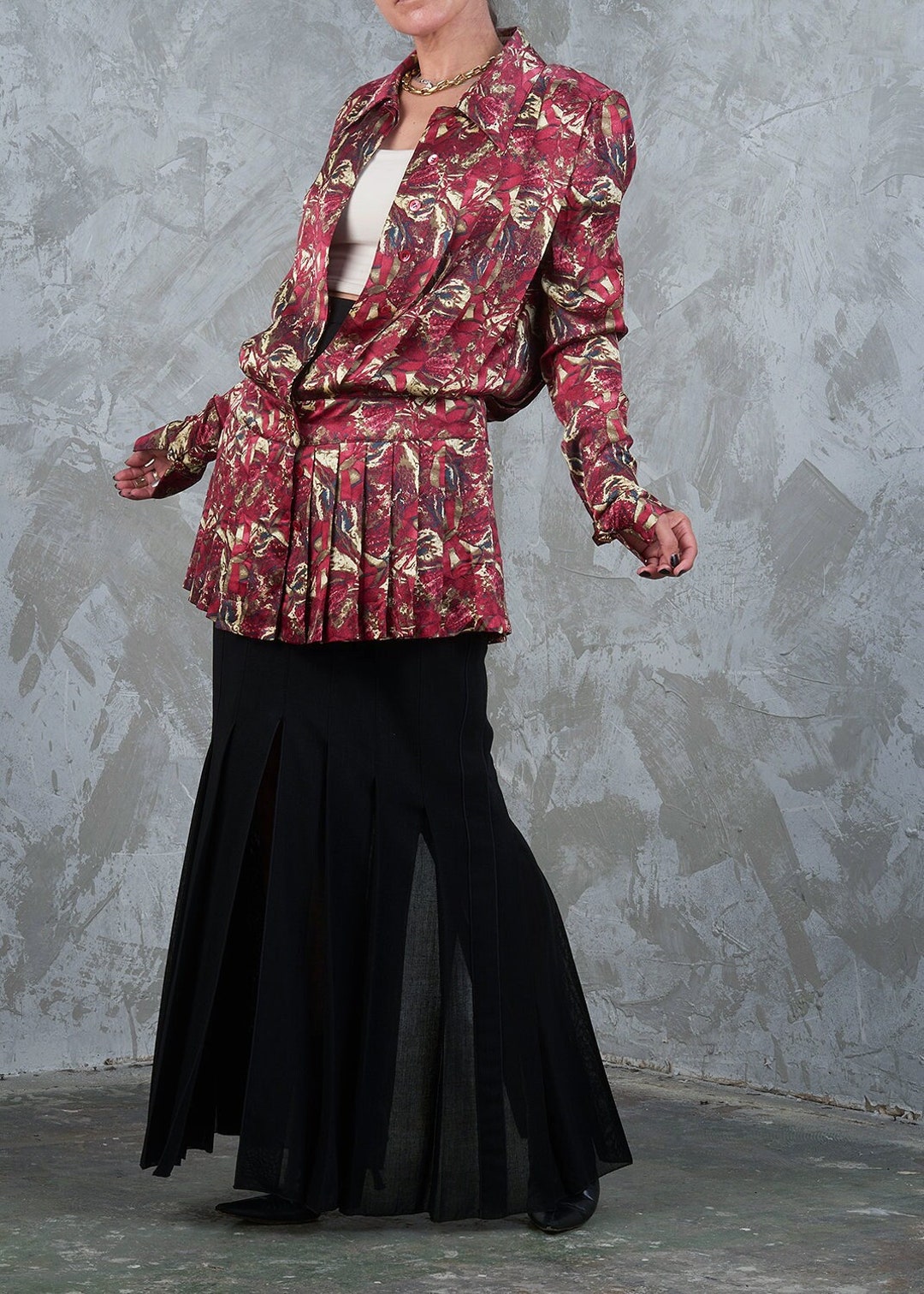 1990s KARL LAGERFELD Runway Collection Red Abstract Print Silk Pleated ...
