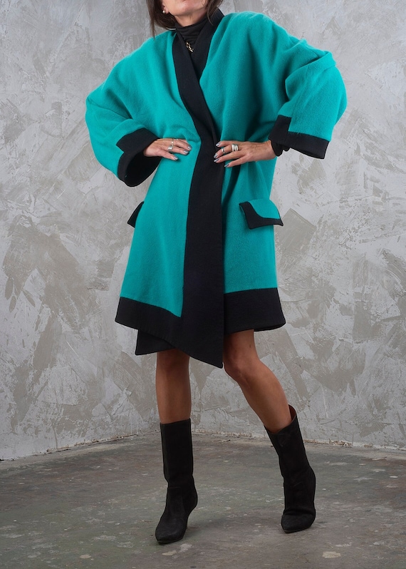 GIANNI VERSACE COUTURE Fall 1991 Runway Aqua Blue Black Trim Wrap