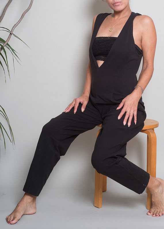 1980s// Black Stretch Unitard Jumpsuit// Med