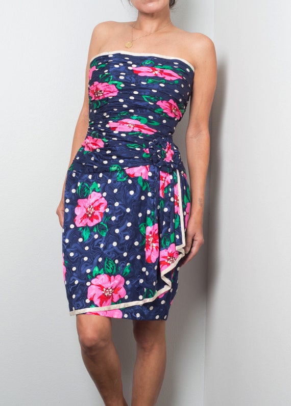 1980s// AJ BARI// Ruched Silk Floral Polka Dot Str