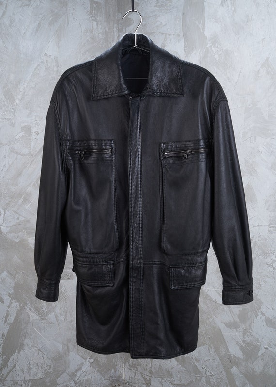 1991 Gianni Versace Mens Black Leather Coat S M L… - image 7