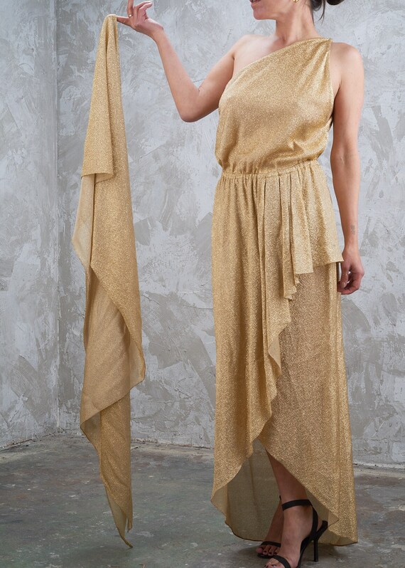 green emerald velvet dress Important 1976 Halston Couture One Shoulder Gold Metallic Lame Sarong   Shrimpton Couture