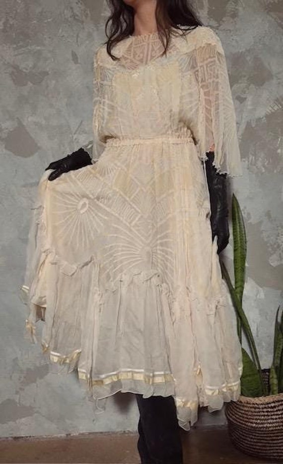 Zandra Rhodes, ZANDRA RHODES 1970s Butter Yellow Painted Chiffon Tiered Dress OS
