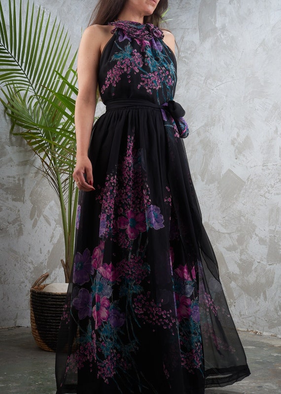 I MAGNIN 1980s Black Floral Halter Maxi S - image 1