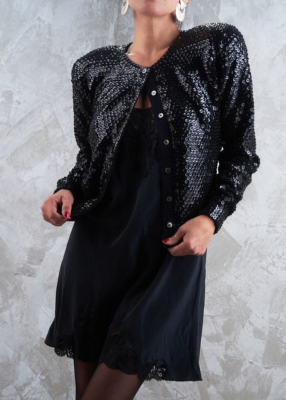 NORMA KAMALI 1990s Black Sequin Crop Cardigan S M