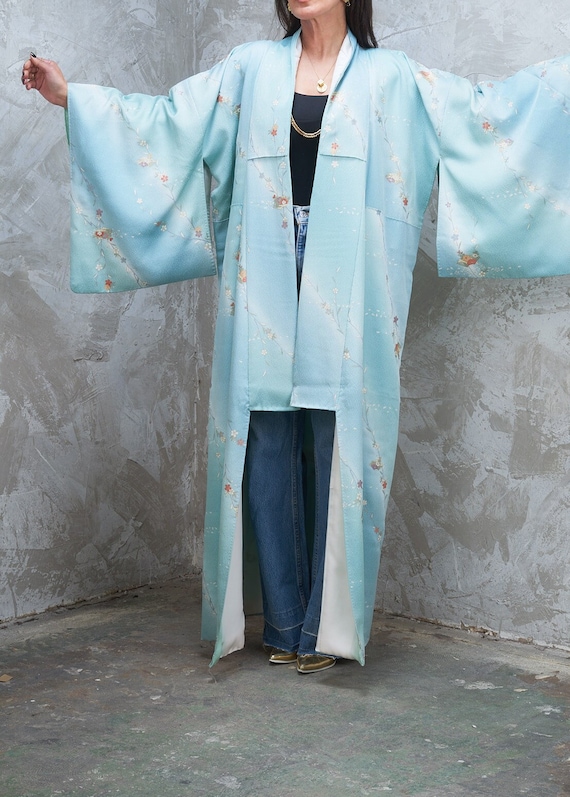Vintage Silk Long Kimono Sky floral Sky Blue Beaut