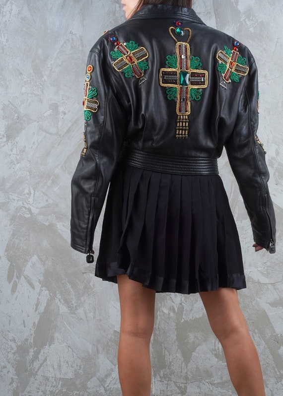 Vintage GIANNI VERSACE Runway Leather Jacket, Byzantine Beaded