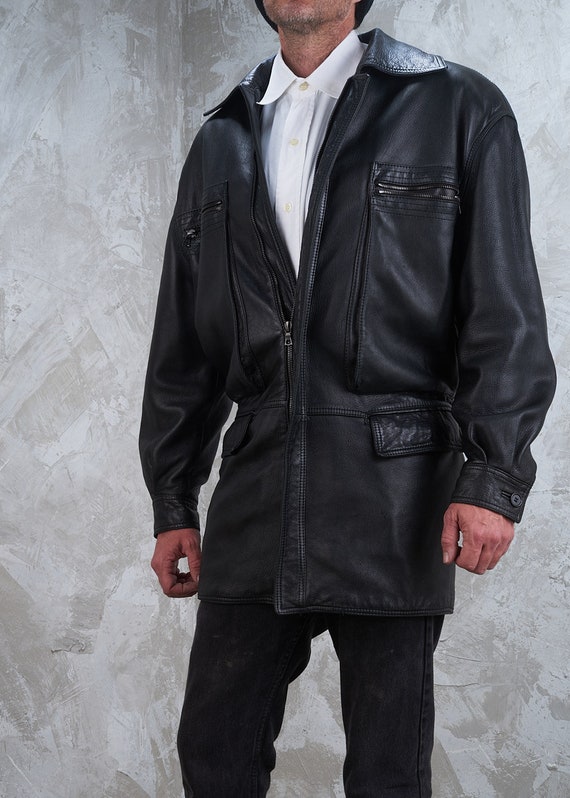 1991 Gianni Versace Mens Black Leather Coat S M L… - image 6