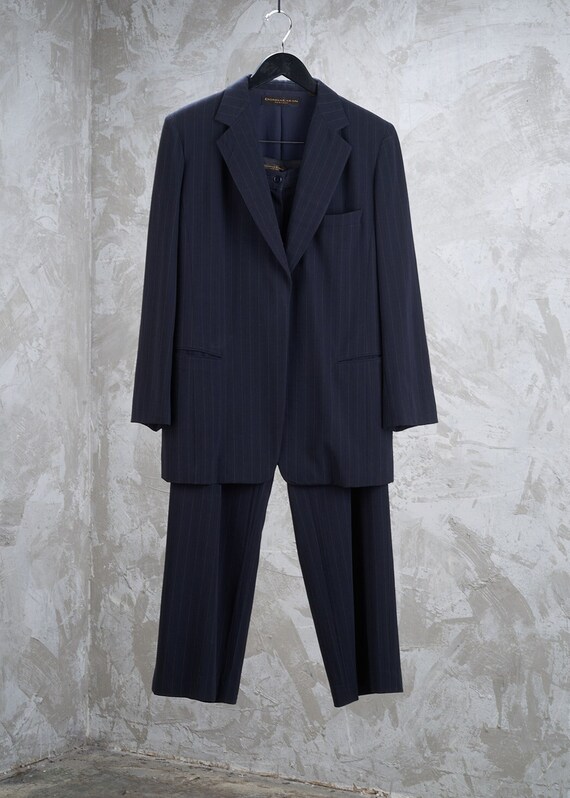 DONNA KARAN 1990s Navy Blue Pinstripe Pant Suit M 