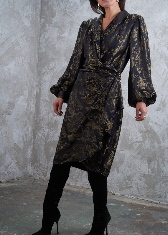 EMANUEL UNGARO 1980s Gold Jacquard Satin Ruched Wr