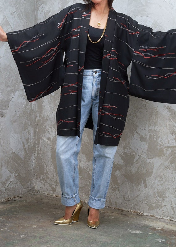 Vintage 1970s Silk Short Kimono Black Silk Abstrac