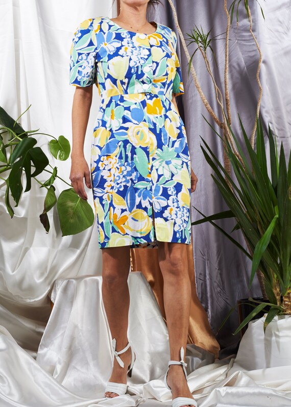 1980s// GUY LAROCHE// Blue Floral Poplin Short Dre