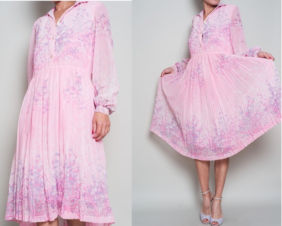 1970s// Pink Pleated Floral Chiffon Midi Shirt Dre