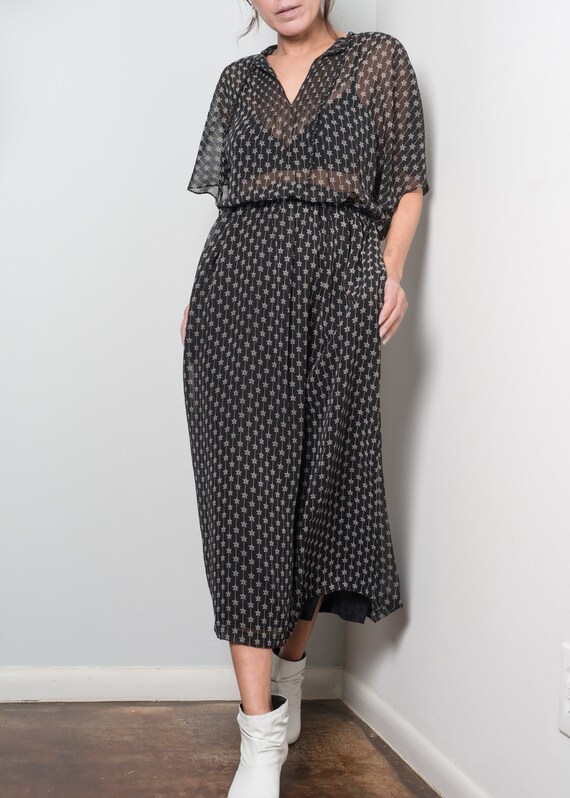 1980s// HANAE MORI// Sheer Printed Bohemian Black