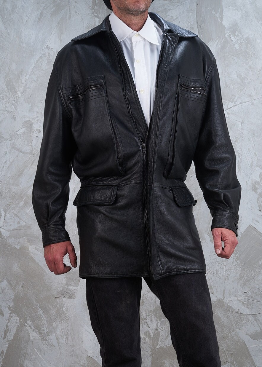 1991 Gianni Versace Mens Black Leather Coat S M L Menswear Jacket