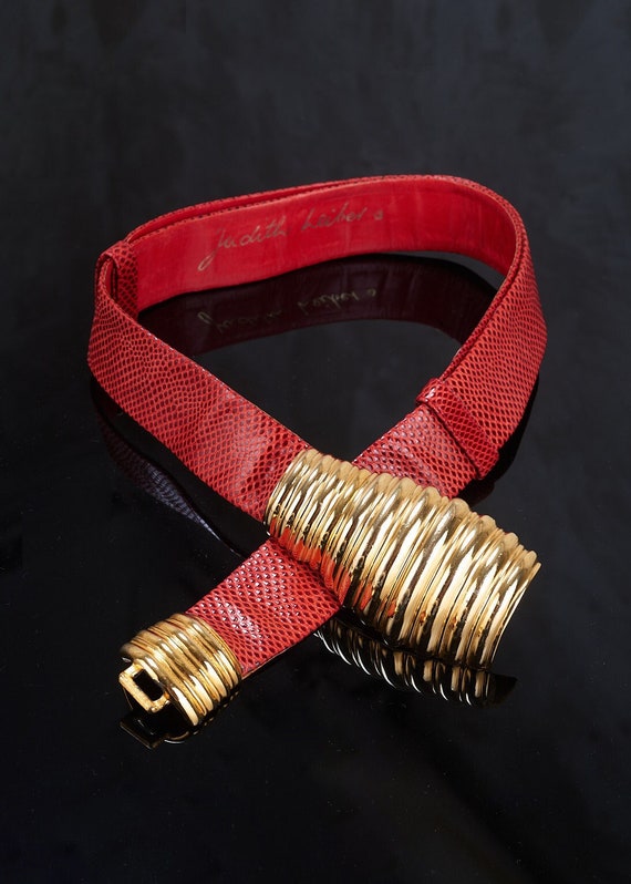 1980s JUDITH LEIBER Gold Red Karung Belt One Size 