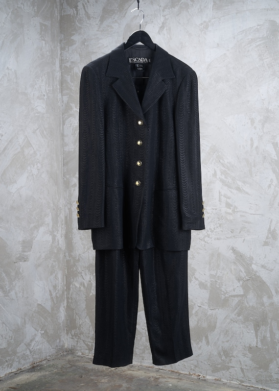 1990s ESCADA Black Jacquard Pant Suit Blazer Trou… - image 4