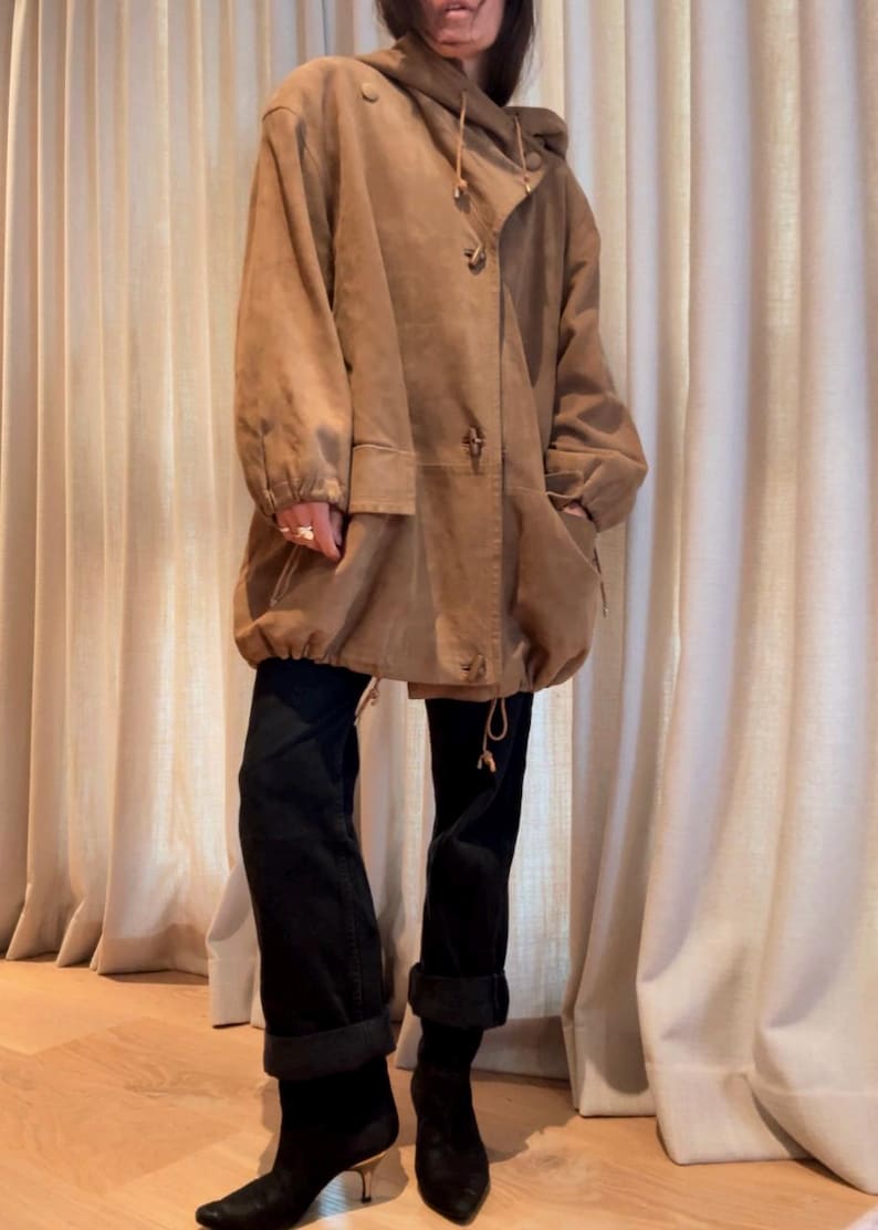 COURRREGES 1980s Rustic Suede Hooded Duffel Coat M image 4