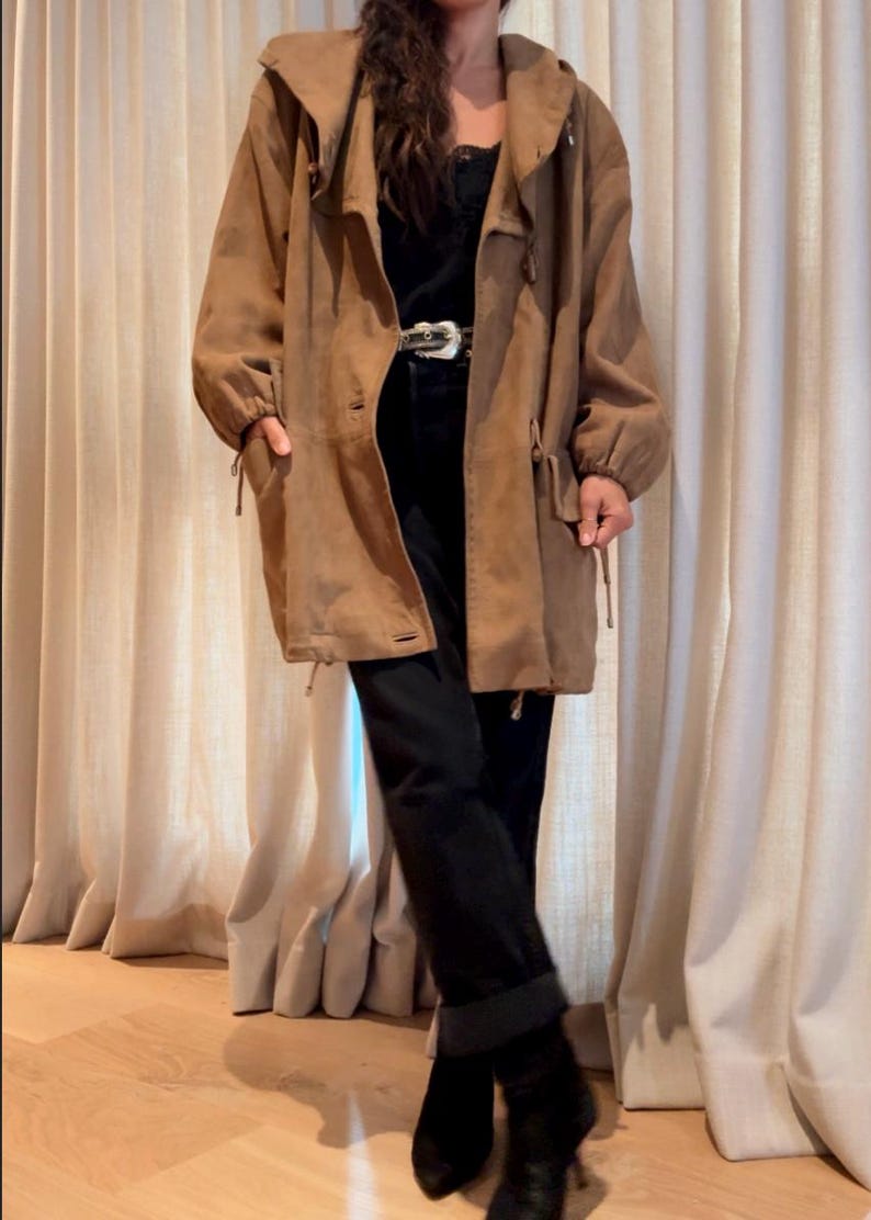 COURRREGES 1980s Rustic Suede Hooded Duffel Coat M image 7