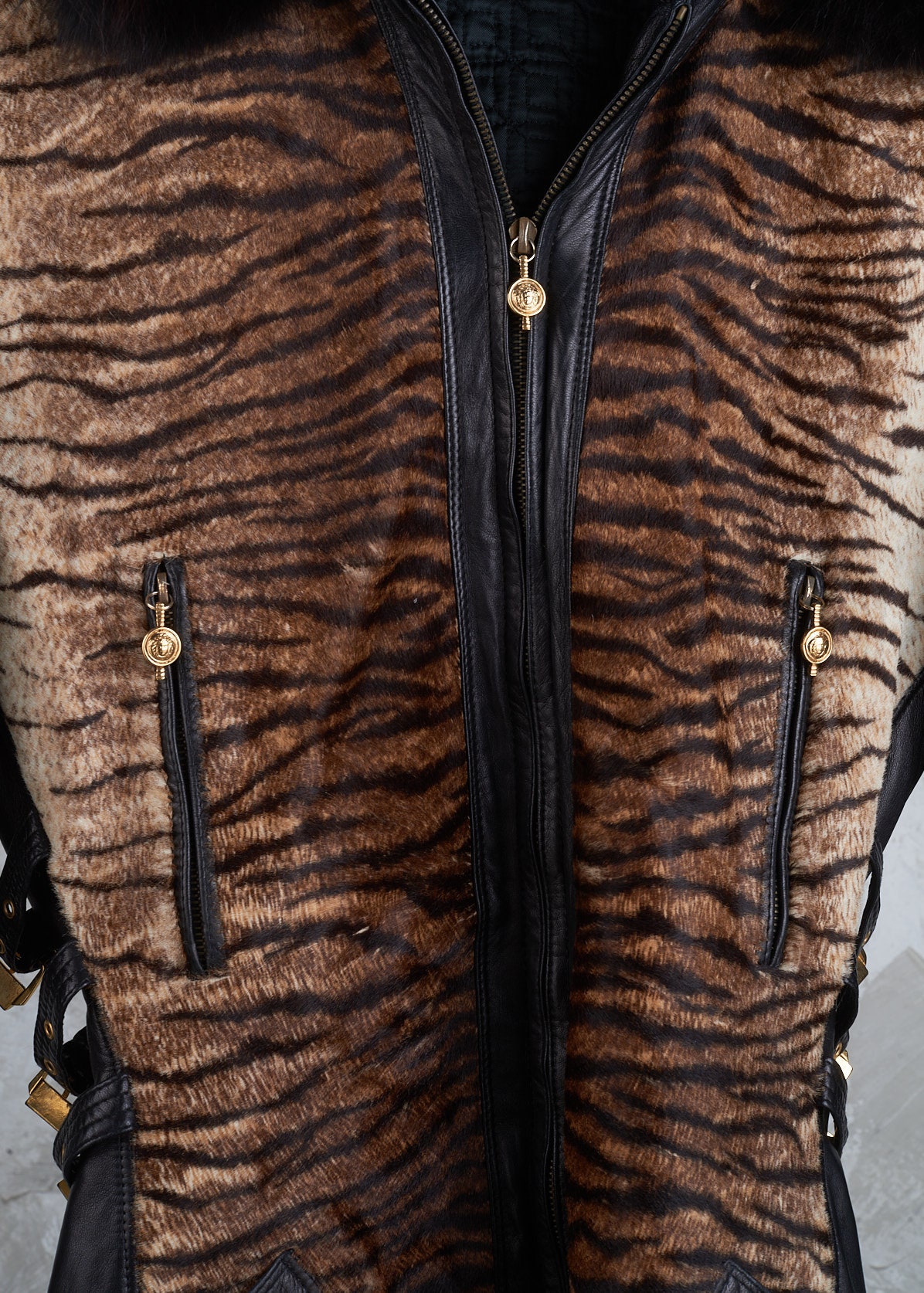 GIANNI VERSACE 1992 Fw Bondage Collection Black Leather Fur Hood