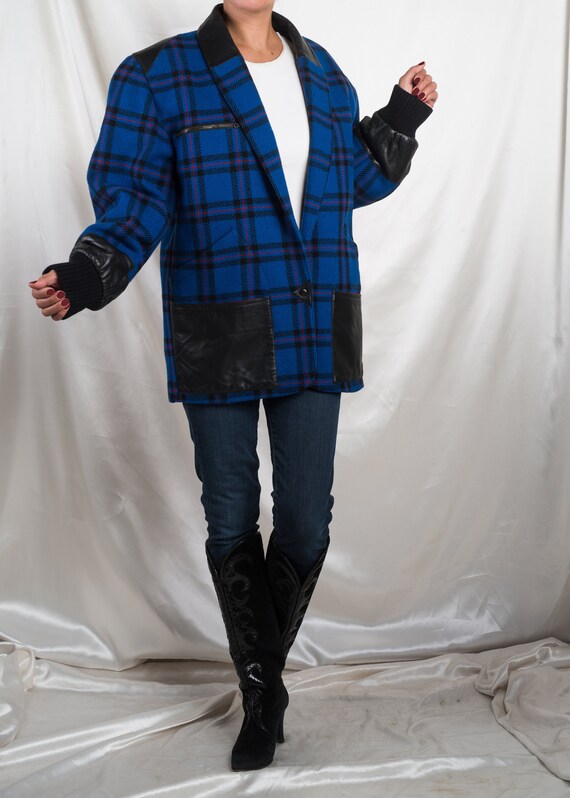 1990s// COMPLICE Italy// Blue Plaid Wool & Leather