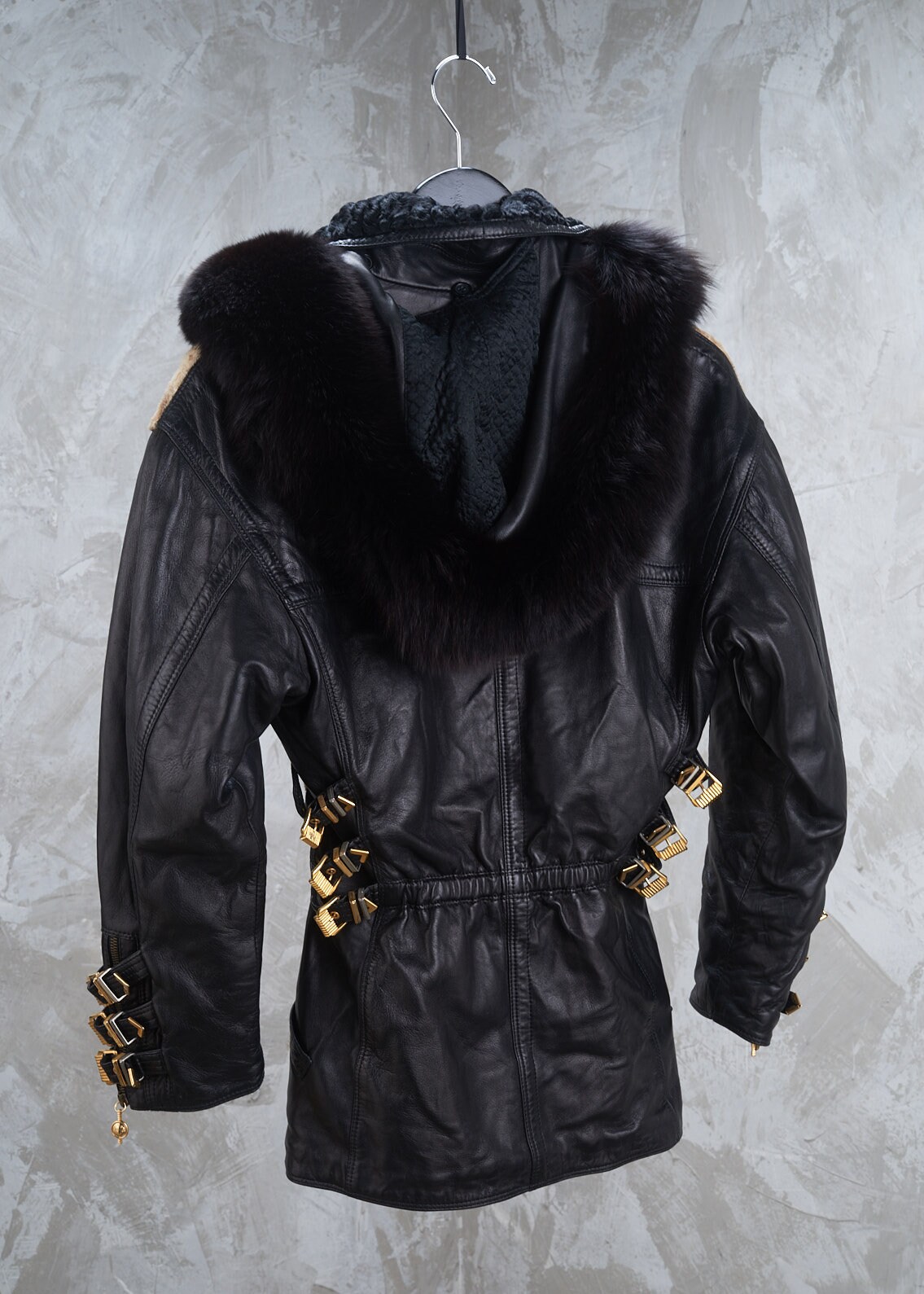 GIANNI VERSACE 1992 Fw Bondage Collection Black Leather Fur Hood