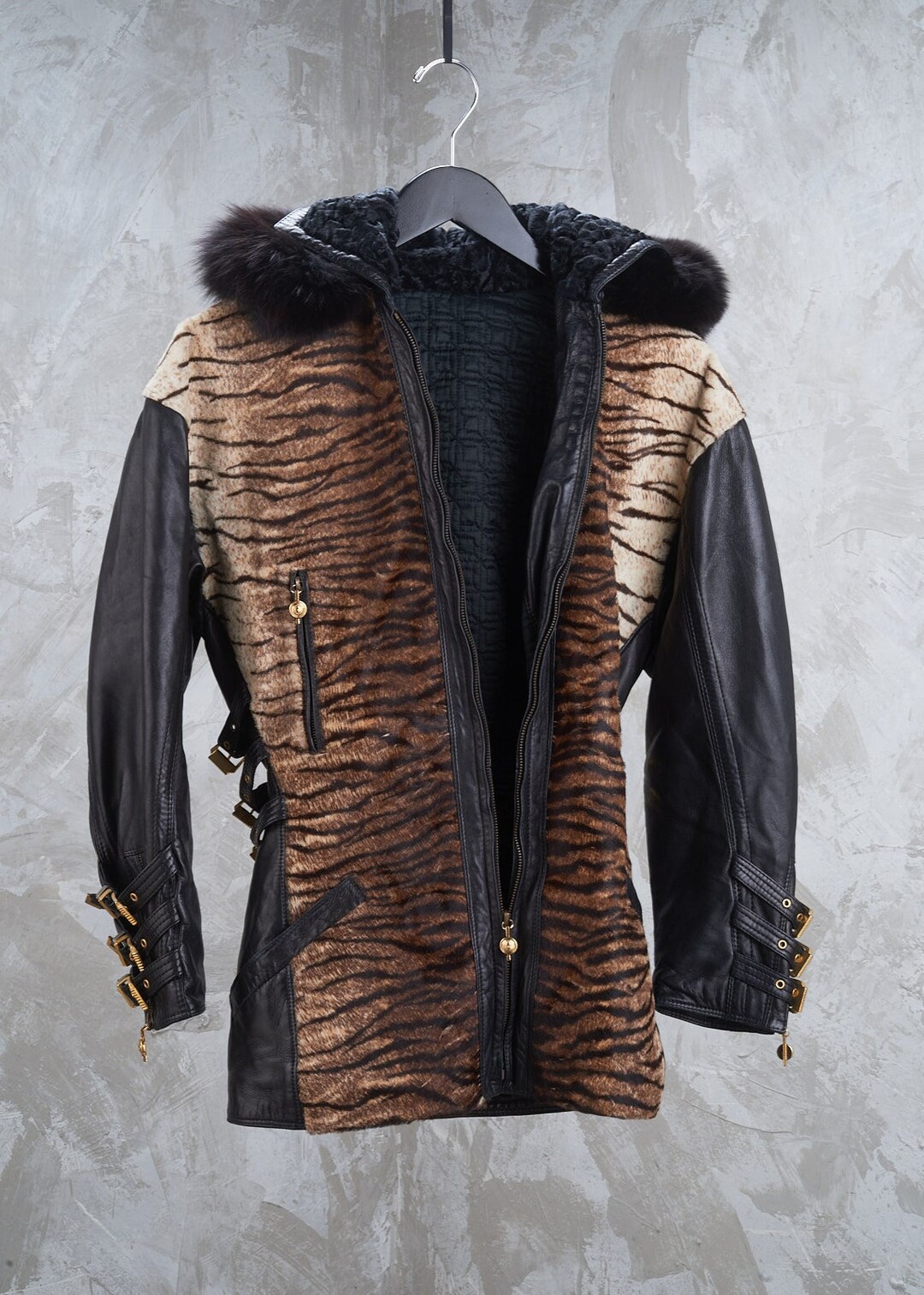 GIANNI VERSACE 1992 Fw Bondage Collection Black Leather Fur Hood