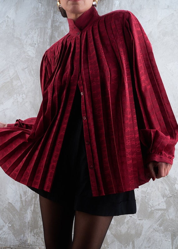 GUCCI 1980s Burgundy Silk Accordion Blouse S